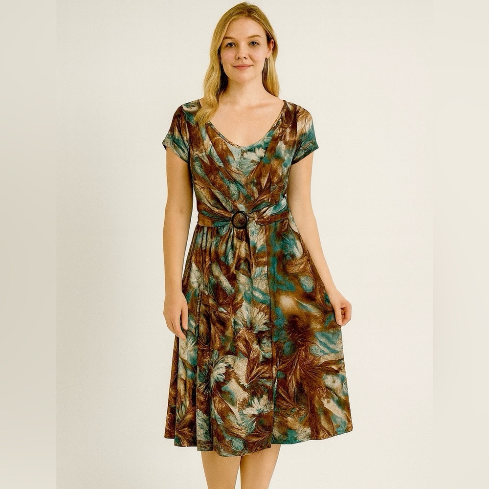 Perceptions New York Women’s Dress Size 12-Brown Teal Abstract Floral Print Fit